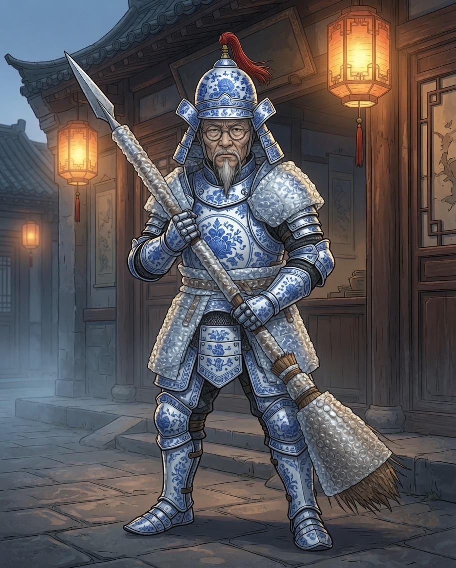 Mr. Wu in full armor made of blue-and-white porcelain and bubble wrap, holding a spear and a broom