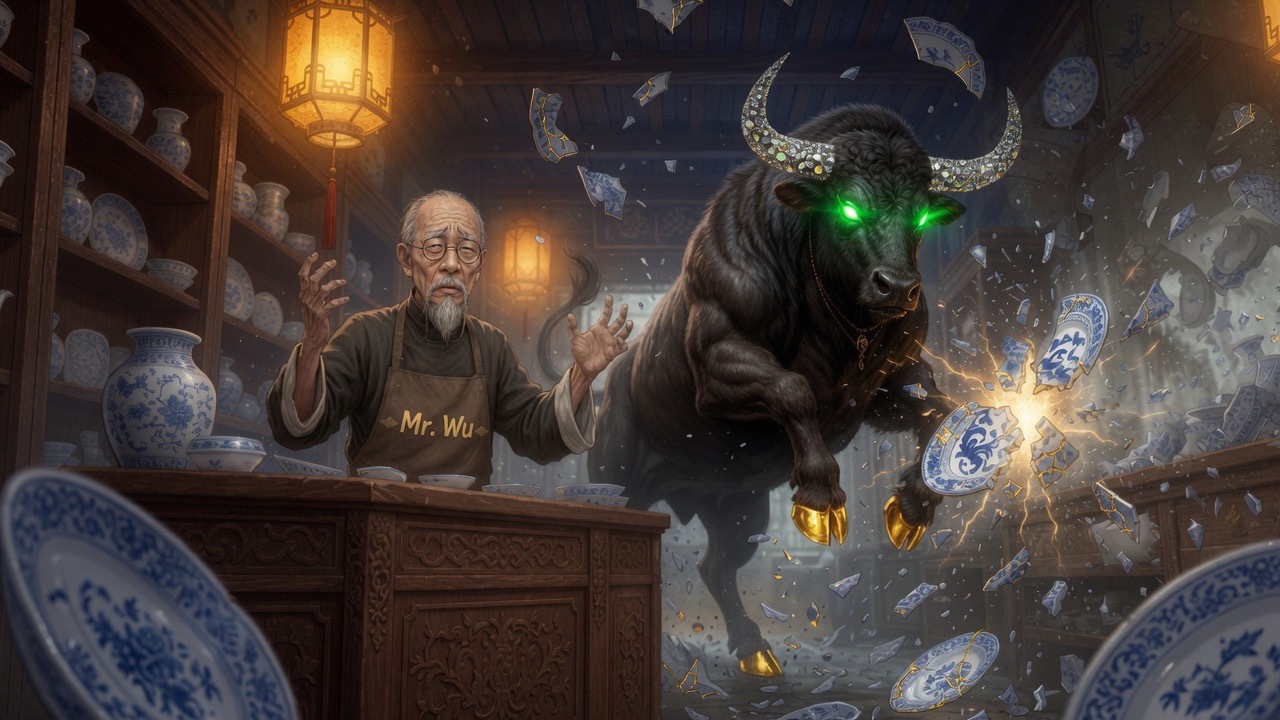 The ANSEM Black Bull, green-eyed with diamond horns and golden hooves, crashing through the shop
