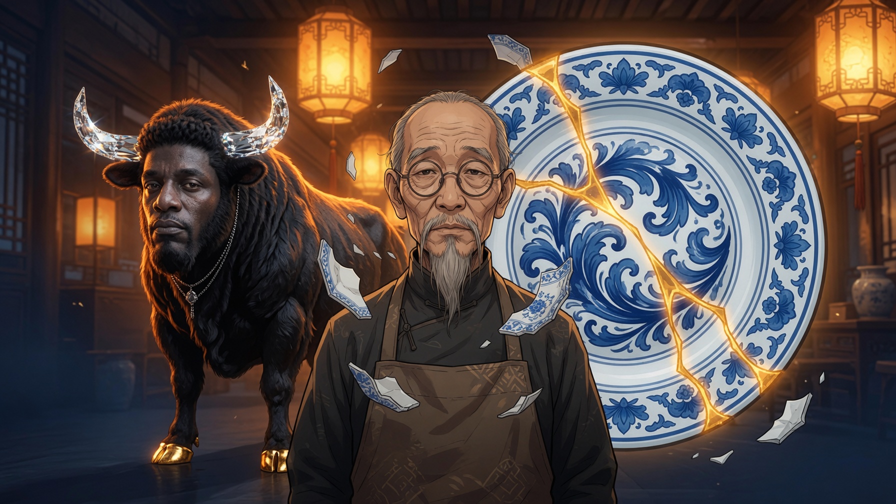 Mr. Wu standing calmly before a giant porcelain plate repaired with veins of gold, the bull behind him
