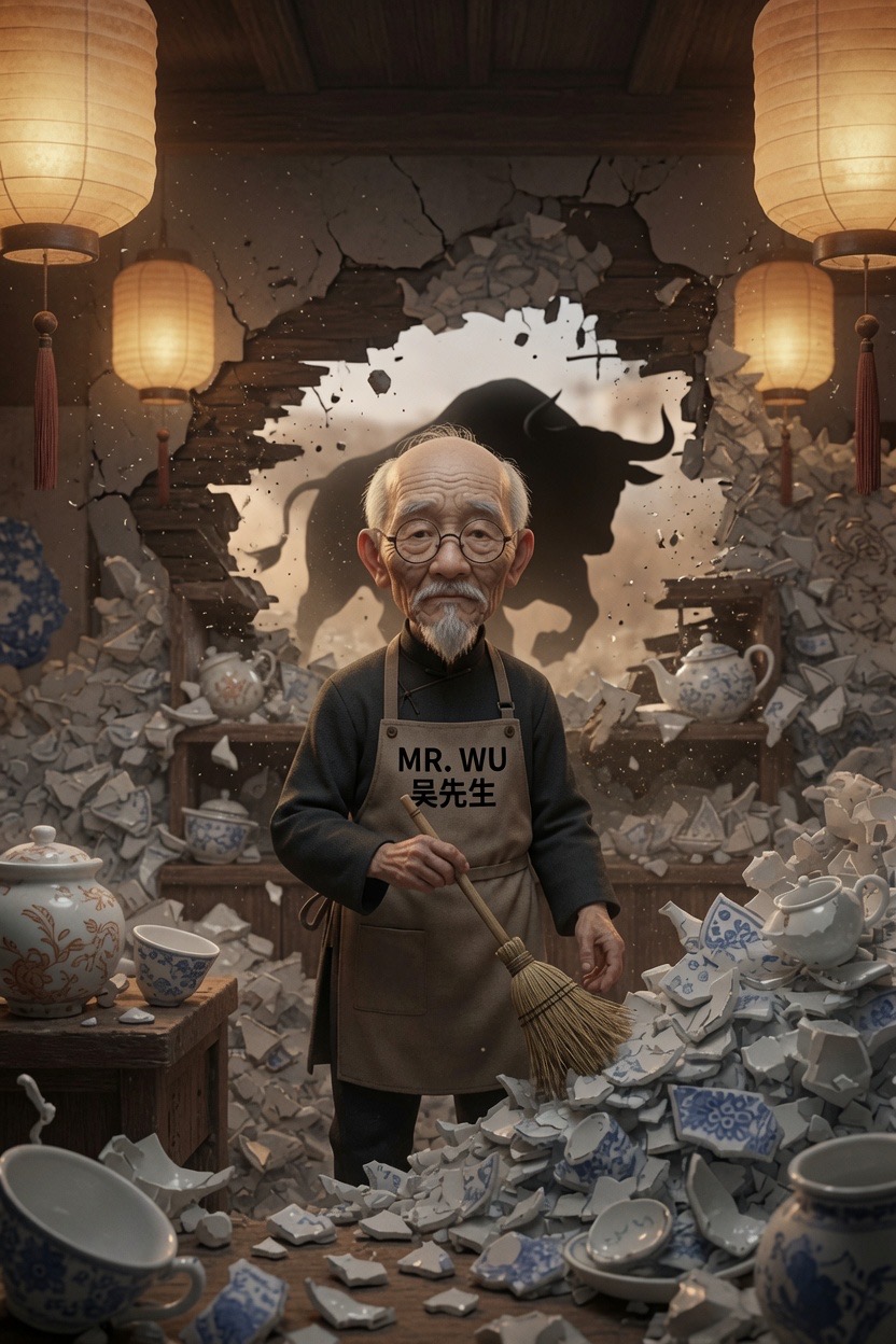 Mr. Wu sweeping a floor of shattered porcelain as a bull-shaped hole gapes in the wall behind him