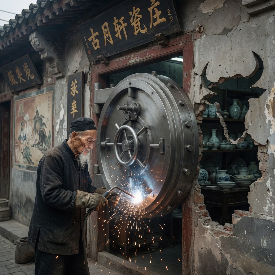 Mr. Wu welding a massive bank vault door onto his shopfront, a bull-shaped hole already in the wall beside it