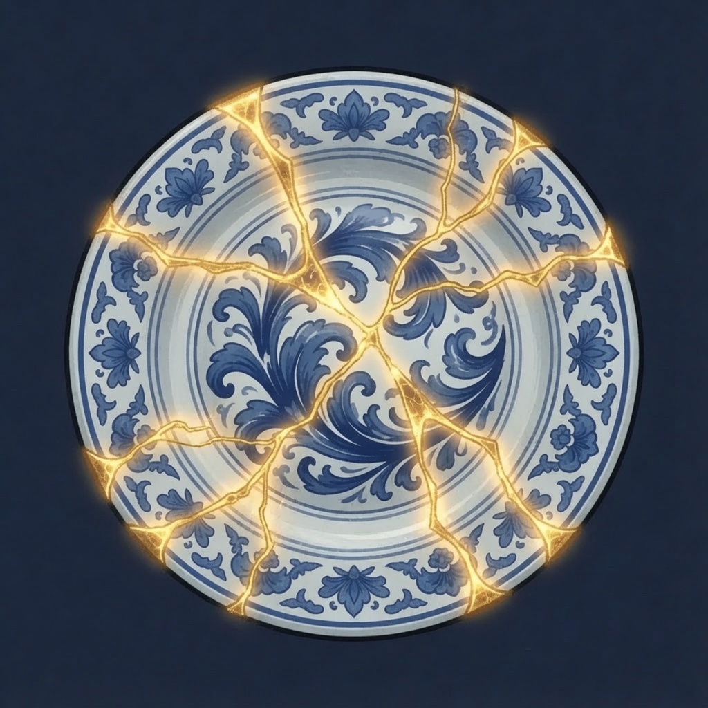 Blue and white porcelain plate repaired with veins of gold